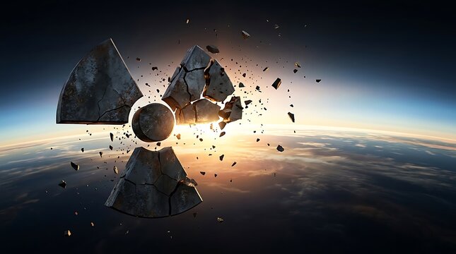 A shattered radioactive warning symbol floating above the Earth in outer space.