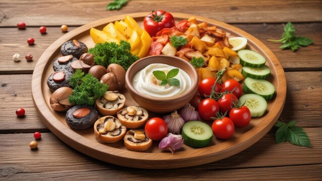 Fresh vegetable mezze with mushrooms arranged on a wooden platter