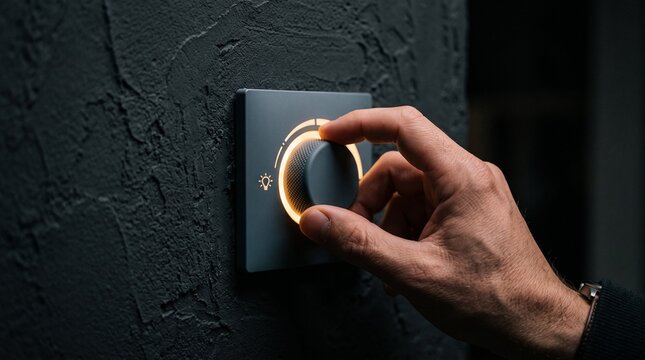 Hand adjusting rotary dimmer switch on dark textured wall with warm glow macro shot for home automation marketing