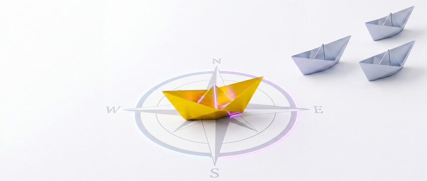 Golden paper boat on a compass dial symbolizing leadership, strategic direction, and business vision, accompanied by silver follower boats on a minimalist white background for corporate success.