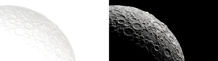 Lunar Surface of dense cratered horizon curve with high detail rocky terrain suited for space exploration project designs in PNG, Transparent and Black Background Versions © Crafter