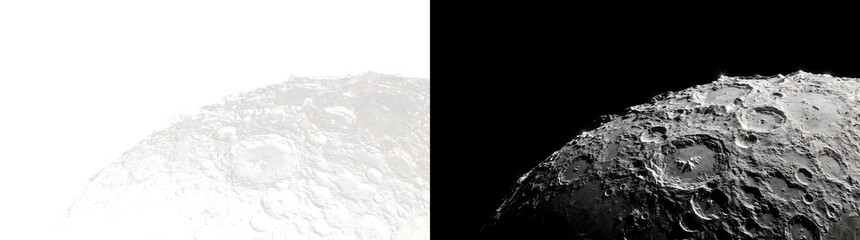 Lunar Surface of close up cratered terrain with rugged rocky horizon perfect for space exploration project designs in PNG, Transparent and Black Background Versions © Crafter