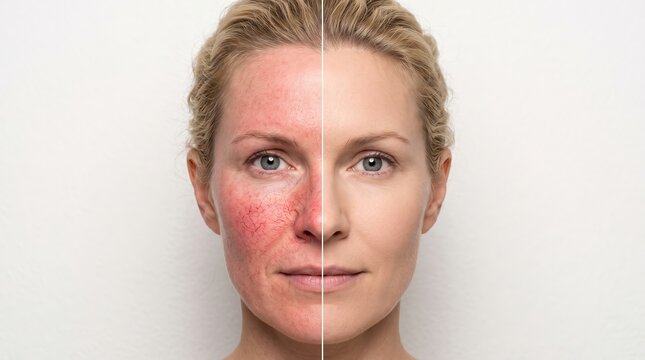 Before and After Split Face of Woman Showing Facial Rosacea and Clear Smooth Skin