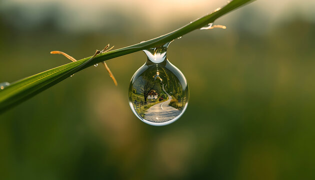 Macro shot of a single crystal clear dewdrop hanging from a blade of green grass