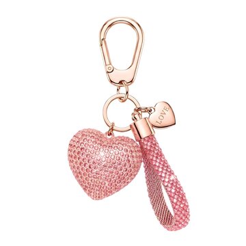 Luxury charm features 3D pink heart shape and looped strap encrusted with small crystals and a tiny gold heart badge with "love" text connected with a carabiner via key ring on white background