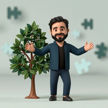 Man character stands beside a tree surrounded by floating jigsaw puzzle pieces.