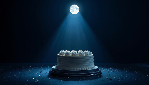 Elegant white birthday cake illuminated by a single spotlight on a dark blue background