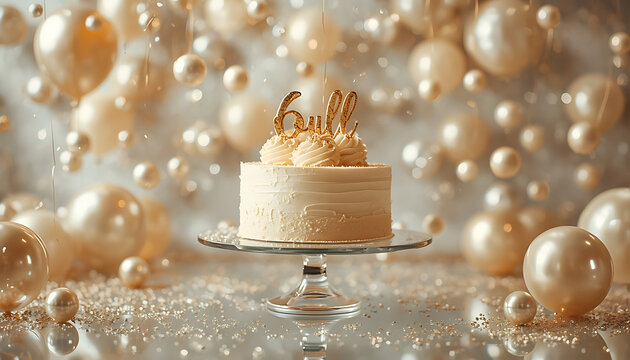 Elegant birthday cake with gold topper on a glass stand with floating pearl decorations.