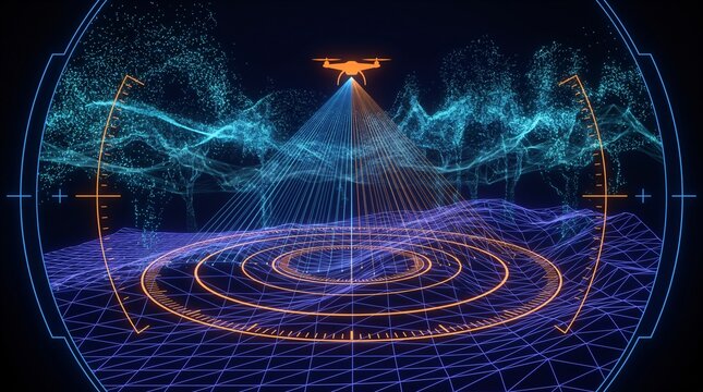 Dual layer airborne lidar scanning interface displaying 3d forest canopy point cloud matrix with ground elevation wireframe mesh and tactical drone sensor telemetry tracking data