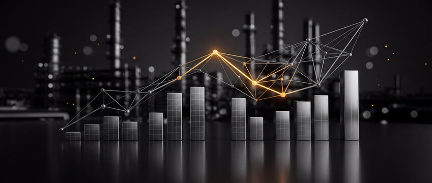 Industrial growth bar chart with glowing network connection nodes over blurred oil refinery background at night, representing data analytics, energy sector success, and financial progress.