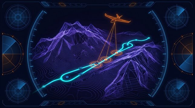 Autonomous transport logistics route monitoring interface tracking mountain highway convoy on 3d elevation wireframe mesh with aerial escort drone telemetry and target waypoint reticle