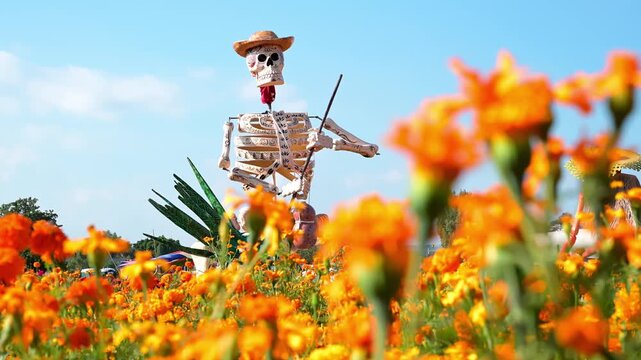 Vibrant cempasuchil flower field with traditional day of the dead catrina decoration during harvest season