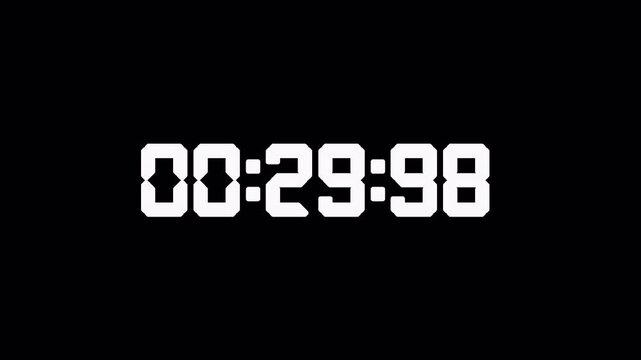 1 hour digital countdown timer 3600 seconds clock overlay animation on transparent background, starting from 1 hour to zero second, white numbers on alpha channel background
