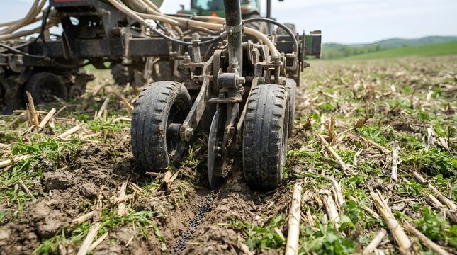 Close up of agricultural planter wheels rolling over field soil with farm machinery agriculture technology soil preparation crop production farm work agricultural equipment field crops planting