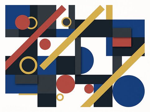 Abstract geometric composition with colorful shapes and lines on a white background