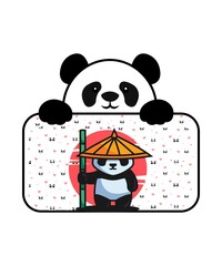 Cute panda cartoon holding blank frame with copy space  Asian panda with bamboo and conical hat, heart pattern background. Kawaii vector illustration for kids poster, sticker, card. © Ideabaz Graphics