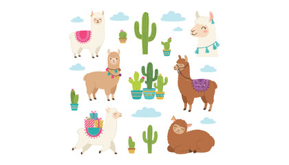 PrintCute llama and alpaca vector elements set with desert cactus plants clouds and colorful festive tribal decorations © Monzurul