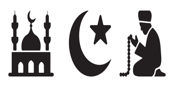 Islamic religious symbols set with silhouette of mosque architecture crescent moon with star and muslim believer praying with subha beads.