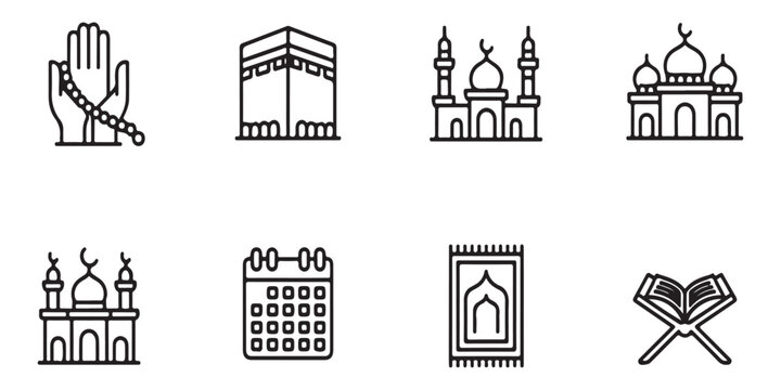 Islamic line art icons pack depicting holy book quran traditional mosque architecture calendar kaaba shrine prayer rug and subha beads in hand.