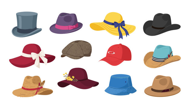 Different fashion hats and headwear types vector illustration set with fedora cap top hat and sunhat