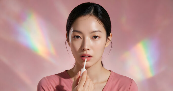 Young Asian woman applying lip gloss with rainbow light reflection on pink background