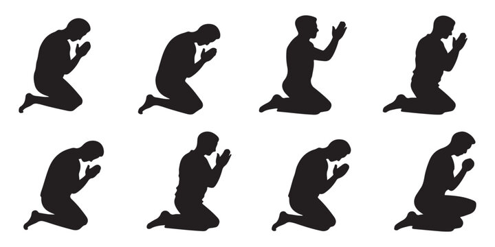 Kneeling men silhouette set showing different prayer poses for religious worship and spiritual meditation themes in clean black and white style.
