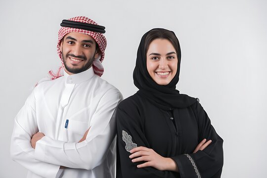 Portrait of Successful Arab Business Professionals in Traditional Attire Standing with Folded Arms