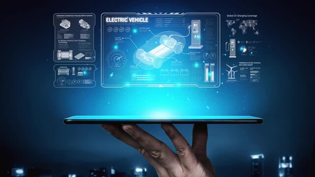 Technical layout of electric vehicle showing battery system, power control, traction motor, charging interface, and integration with renewable and smart energy sources Marrow