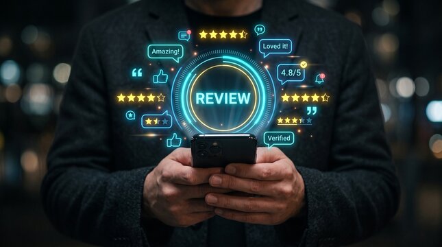 Customer Feedback and Digital Review: A person holds a smartphone, interacting with a glowing digital interface displaying customer reviews, star ratings, and positive feedback.