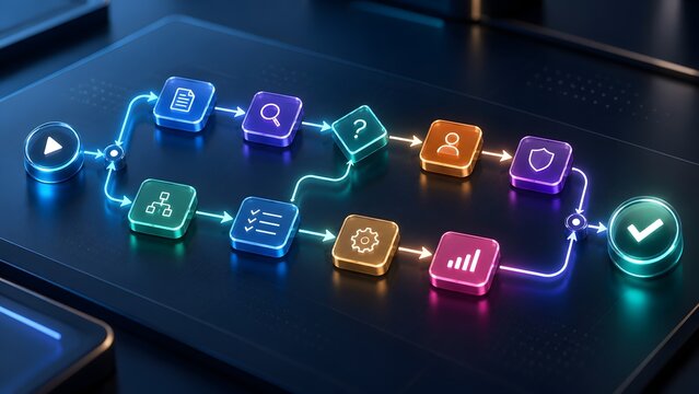 Glowing neon 3D flowchart diagram on dark background showing automated business workflow process logic software development and project management steps.