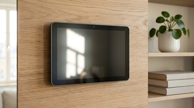 Blank digital tablet screen mounted on a modern wooden wall at home