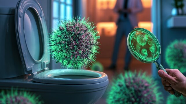 Illustration of virus particles emerging from a toilet bowl, with a person examining them under a magnifying glass, highlighting bathroom contamination and hygiene risks.