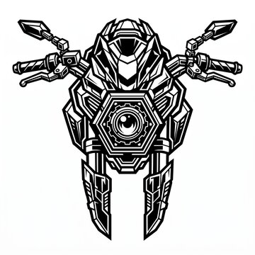 Futuristic Motorcycle Robot Emblem With Mechanical Headlight and Geometric Helmet Design