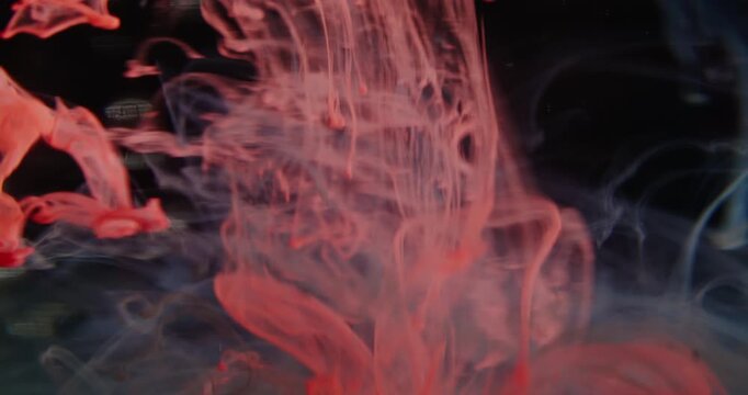 Defocused fog smoke. Cloud fume paint. Vibrant acrylic orange blue color haze mist pigment bright texture spreading on dark black abstract art light background.