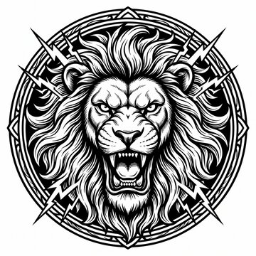 Fierce Roaring Lion Emblem With Lightning and Flowing Mane &mdash; Circular Tribal Vector Tattoo Design