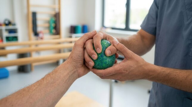 Physical therapist guiding patient's hand with stress ball for rehabilitation exercise in a clinic setting