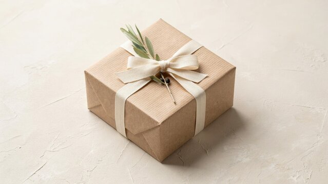Kraft Paper Gift Box Tied with Cream Ribbon and Olive Branch Accent