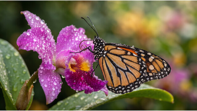 Orange Monarch Butterfly on Purple Cattleya Orchid, Macro Nature Photography, Raindrops on Pink Petals, Vibrant Garden Detail