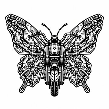 Mechanical Butterfly Motorcycle Illustration With Steampunk Wings and Vintage Bike Front View