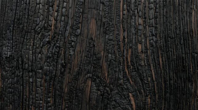 Charred wood texture background, Shou Sugi Ban burnt timber surface, black carbonized wooden plank with natural grain and cracks
