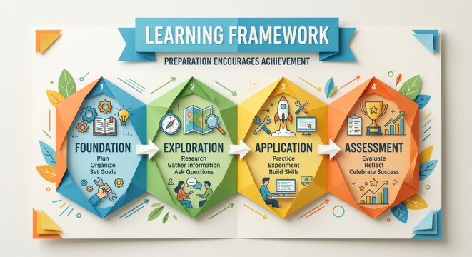 A Colorful Learning Framework Diagram Illustrating the Path to Achievement Through Exploration, Application, and Assessment