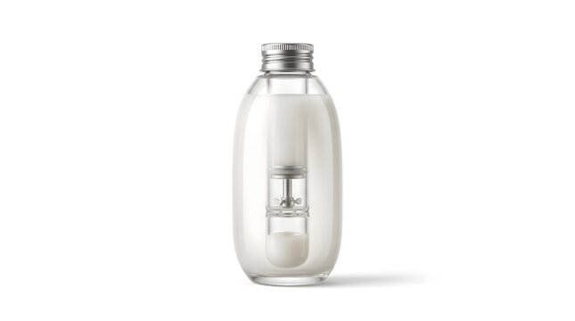 A clear, modern bottle with a white interior and a silver cap against a plain background