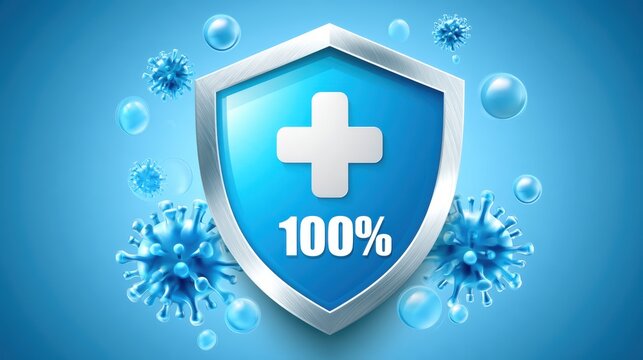 A blue shield with a white cross and "100%" symbol, surrounded by virus particles, symbolizes complete immunity or protection against viruses.