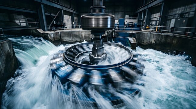 Hydroelectric turbine rotating in a water power plant for renewable energy