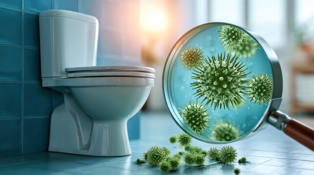 A toilet in a bathroom with a magnifying glass revealing bacteria and germs, emphasizing hygiene and cleanliness.