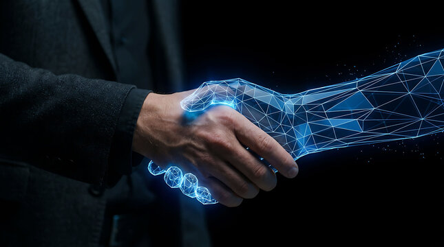 Man shaking hands with futuristic artificial intelligence digital wireframe robot