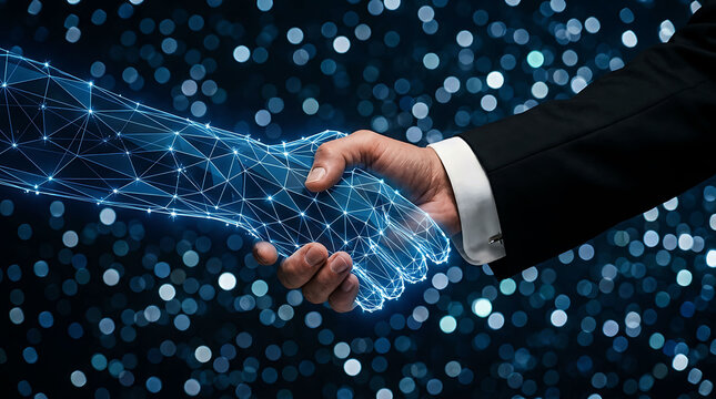 A businessperson shaking hands with a futuristic digital AI wireframe arm