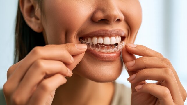A close-up of a smiling woman placing a clear invisible dental aligner on her upper teeth.