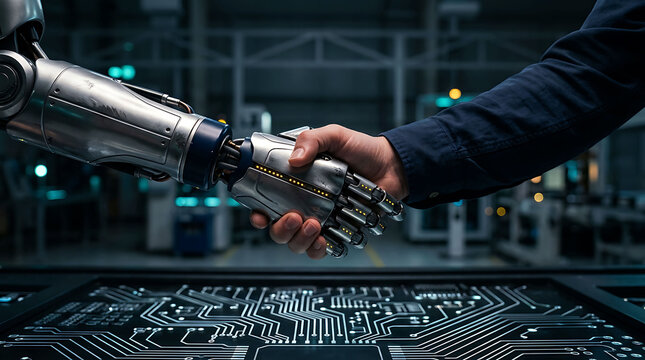 Robot and human hands shaking in a modern high tech factory environment