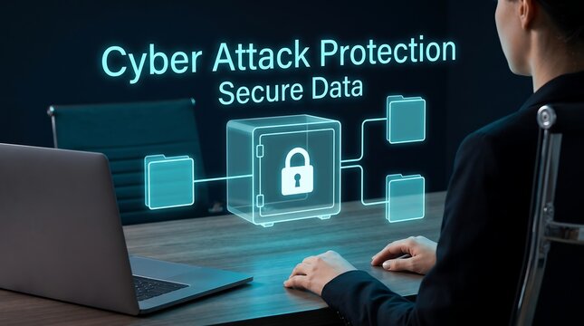 A professional using a laptop to manage cybersecurity and protect sensitive data with digital encryption technology